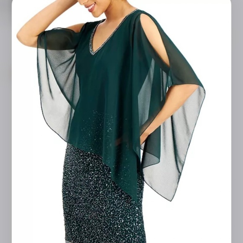 J Kara Asymmetrical-Overlay Embellished Dress in Hunter Green - Picture 4 of 11